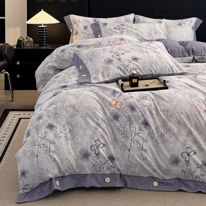 91家纺网 家纺一手货源 找家纺 圣比熊 2026春夏新款A类原麻纽扣四件套加厚被套床单宿舍双人床仿亚麻套件-最新款 花与蝶