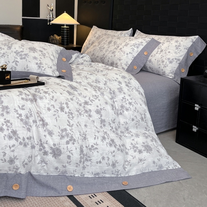 91家纺网 家纺一手货源 找家纺 圣比熊 2026春夏新款A类原麻纽扣四件套加厚被套床单宿舍双人床仿亚麻套件-最新款 花之舞