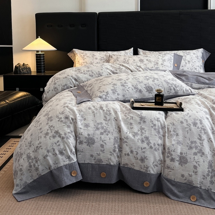 91家纺网 家纺一手货源 找家纺 圣比熊 2026春夏新款A类原麻纽扣四件套加厚被套床单宿舍双人床仿亚麻套件-最新款 花之舞