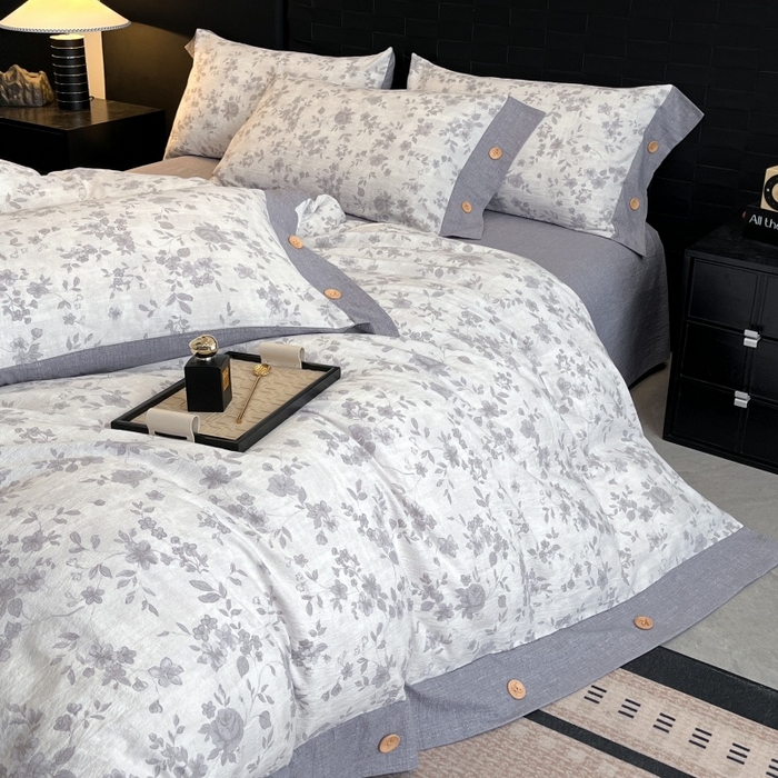 91家纺网 家纺一手货源 找家纺 圣比熊 2026春夏新款A类原麻纽扣四件套加厚被套床单宿舍双人床仿亚麻套件-最新款 花之舞