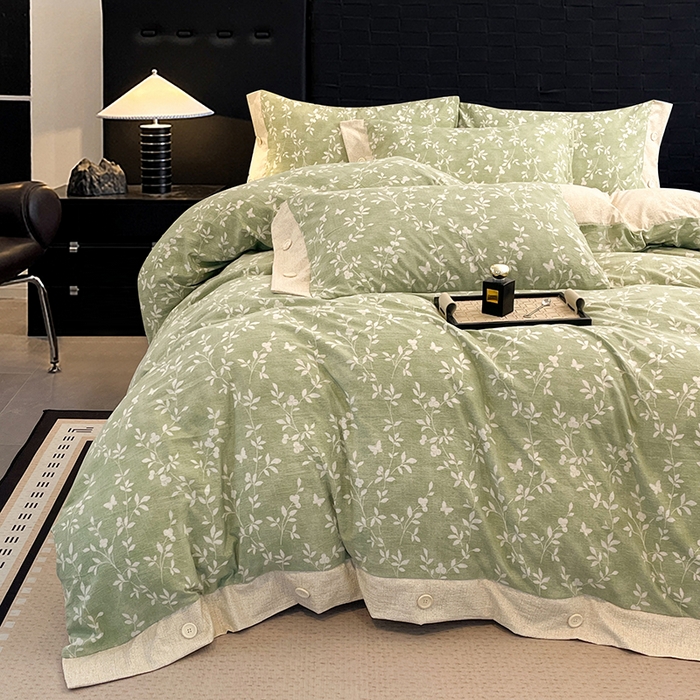 91家纺网 家纺一手货源 找家纺 圣比熊 2026春夏新款A类原麻纽扣四件套加厚被套床单宿舍双人床仿亚麻套件-最新款 淮水竹亭