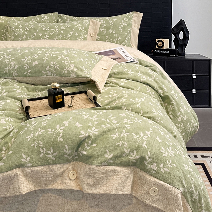 91家纺网 家纺一手货源 找家纺 圣比熊 2026春夏新款A类原麻纽扣四件套加厚被套床单宿舍双人床仿亚麻套件-最新款 淮水竹亭