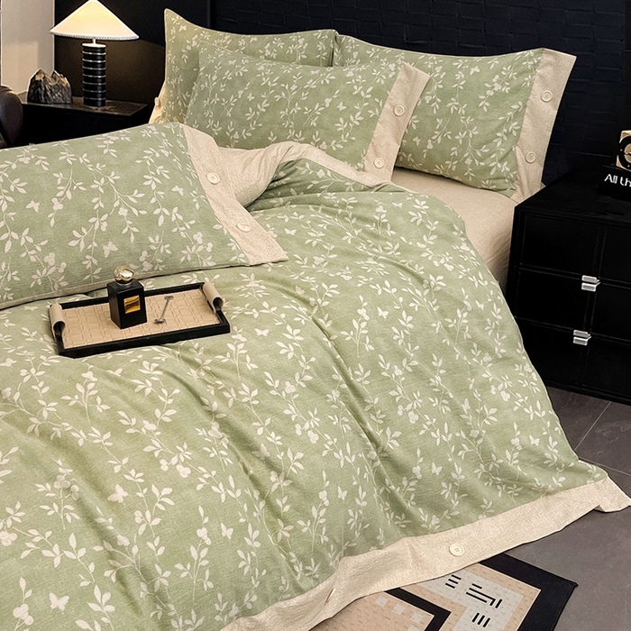 91家纺网 家纺一手货源 找家纺 圣比熊 2026春夏新款A类原麻纽扣四件套加厚被套床单宿舍双人床仿亚麻套件-最新款 淮水竹亭