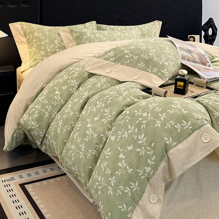 91家纺网 家纺一手货源 找家纺 圣比熊 2026春夏新款A类原麻纽扣四件套加厚被套床单宿舍双人床仿亚麻套件-最新款 淮水竹亭