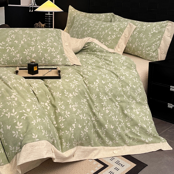 91家纺网 家纺一手货源 找家纺 圣比熊 2026春夏新款A类原麻纽扣四件套加厚被套床单宿舍双人床仿亚麻套件-最新款 淮水竹亭