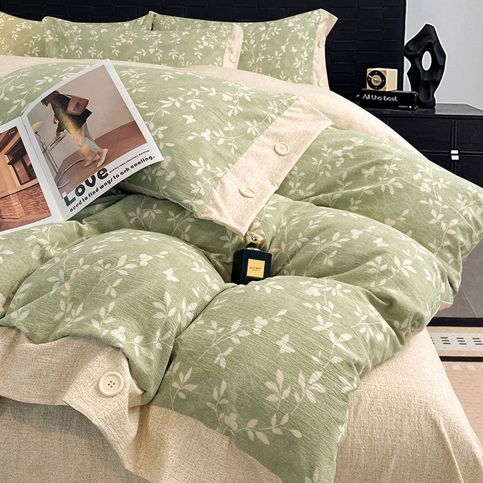 91家纺网 家纺一手货源 找家纺 圣比熊 2026春夏新款A类原麻纽扣四件套加厚被套床单宿舍双人床仿亚麻套件-最新款 淮水竹亭