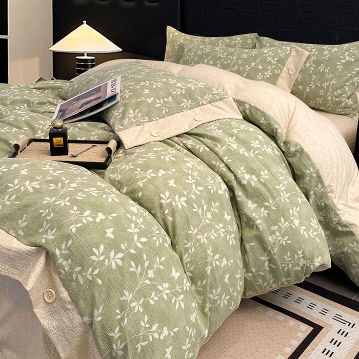 91家纺网 家纺一手货源 找家纺 圣比熊 2026春夏新款A类原麻纽扣四件套加厚被套床单宿舍双人床仿亚麻套件-最新款 淮水竹亭