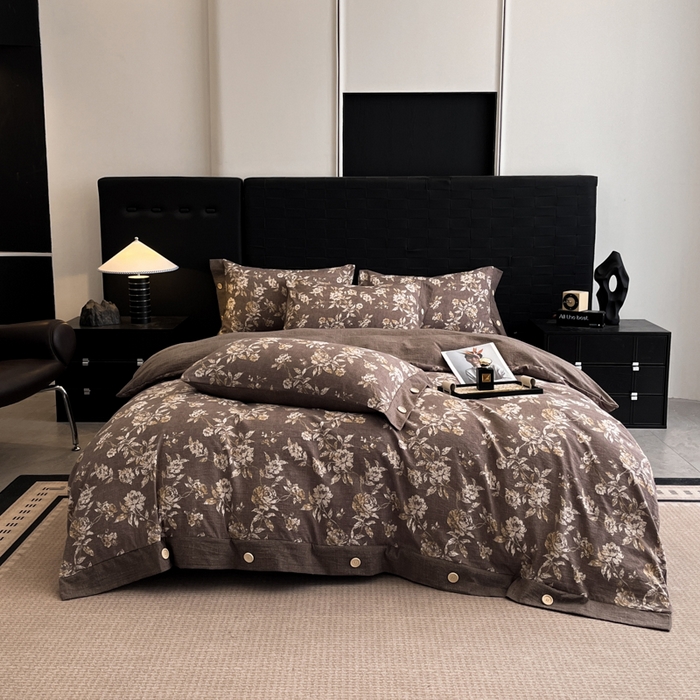 91家纺网 家纺一手货源 找家纺 圣比熊 2026春夏新款A类原麻纽扣四件套加厚被套床单宿舍双人床仿亚麻套件-最新款 金锦