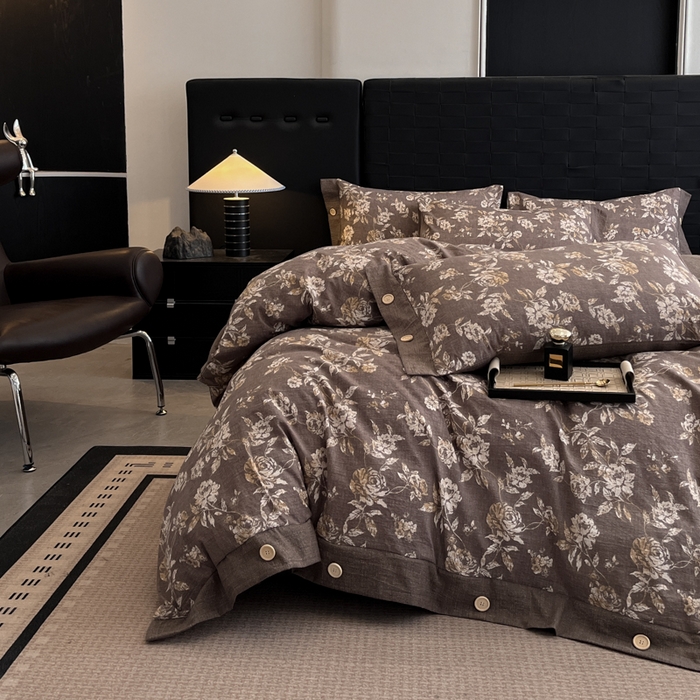 91家纺网 家纺一手货源 找家纺 圣比熊 2026春夏新款A类原麻纽扣四件套加厚被套床单宿舍双人床仿亚麻套件-最新款 金锦