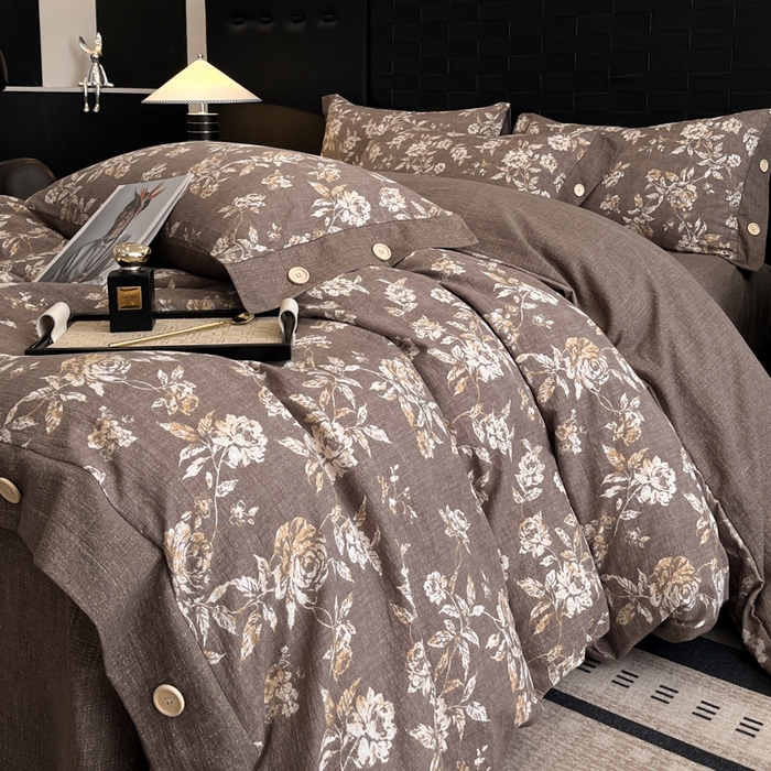 91家纺网 家纺一手货源 找家纺 圣比熊 2026春夏新款A类原麻纽扣四件套加厚被套床单宿舍双人床仿亚麻套件-最新款 金锦