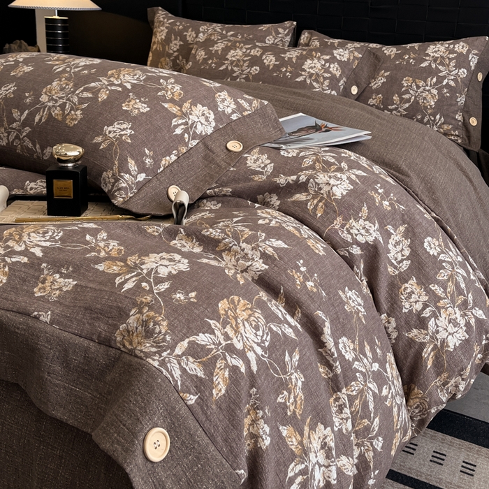 91家纺网 家纺一手货源 找家纺 圣比熊 2026春夏新款A类原麻纽扣四件套加厚被套床单宿舍双人床仿亚麻套件-最新款 金锦