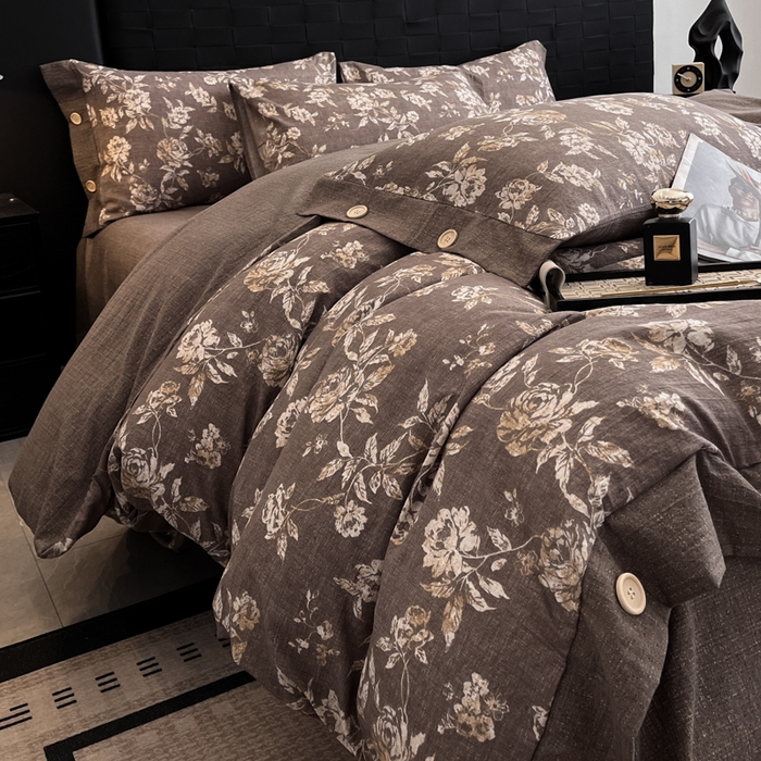 91家纺网 家纺一手货源 找家纺 圣比熊 2026春夏新款A类原麻纽扣四件套加厚被套床单宿舍双人床仿亚麻套件-最新款 金锦