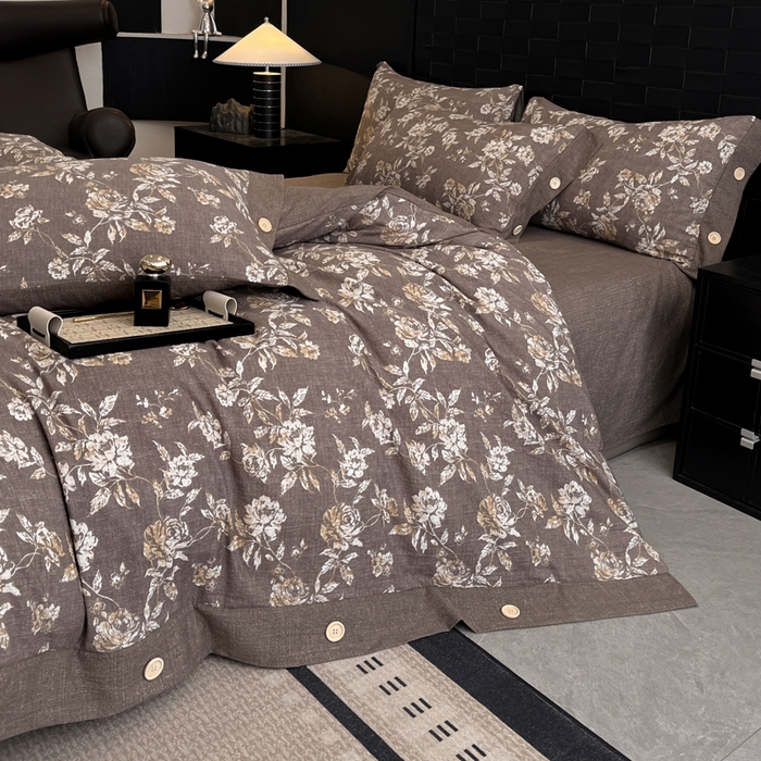 91家纺网 家纺一手货源 找家纺 圣比熊 2026春夏新款A类原麻纽扣四件套加厚被套床单宿舍双人床仿亚麻套件-最新款 金锦