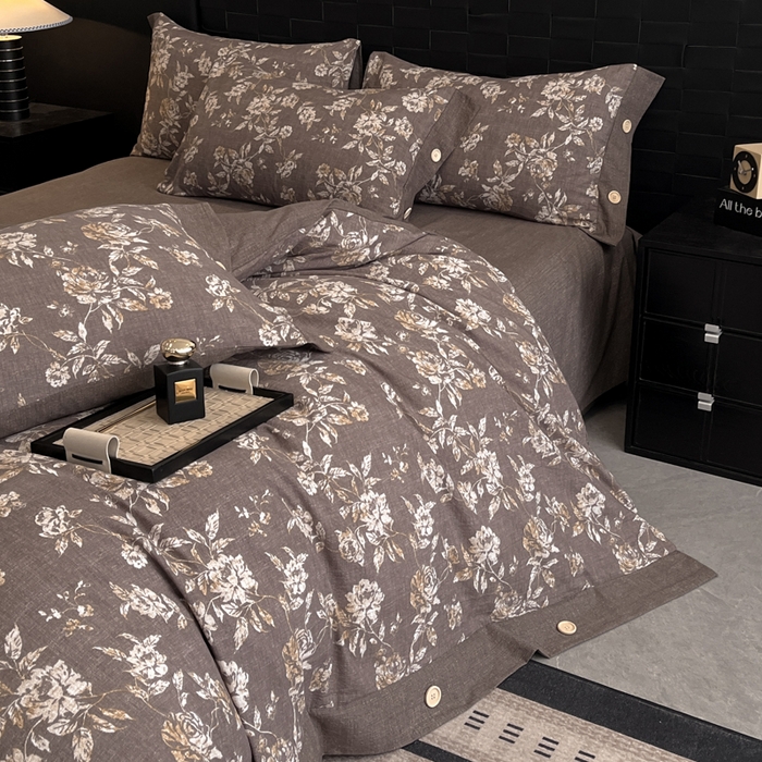 91家纺网 家纺一手货源 找家纺 圣比熊 2026春夏新款A类原麻纽扣四件套加厚被套床单宿舍双人床仿亚麻套件-最新款 金锦