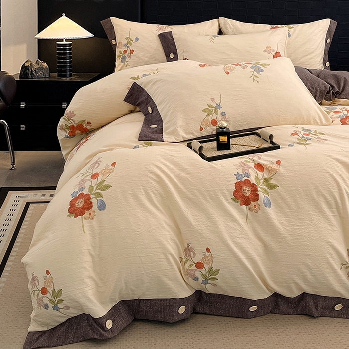 91家纺网 家纺一手货源 找家纺 圣比熊 2026春夏新款A类原麻纽扣四件套加厚被套床单宿舍双人床仿亚麻套件-最新款 锦花