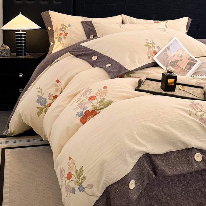 91家纺网 家纺一手货源 找家纺 圣比熊 2026春夏新款A类原麻纽扣四件套加厚被套床单宿舍双人床仿亚麻套件-最新款 锦花