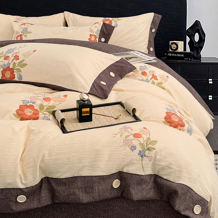 91家纺网 家纺一手货源 找家纺 圣比熊 2026春夏新款A类原麻纽扣四件套加厚被套床单宿舍双人床仿亚麻套件-最新款 锦花