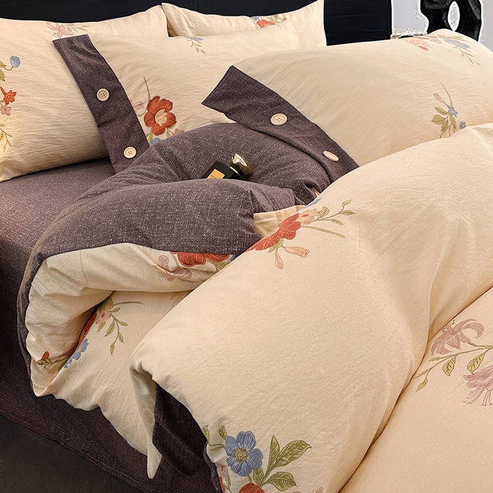 91家纺网 家纺一手货源 找家纺 圣比熊 2026春夏新款A类原麻纽扣四件套加厚被套床单宿舍双人床仿亚麻套件-最新款 锦花