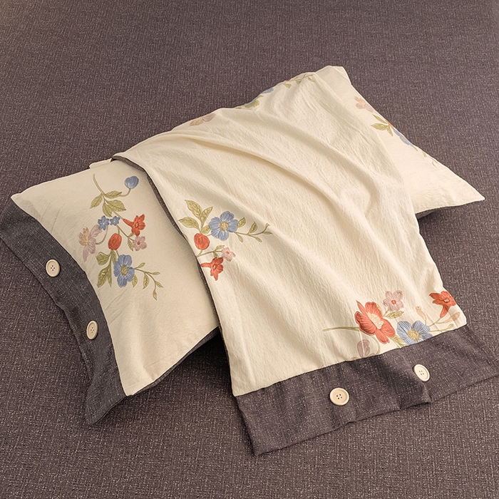 91家纺网 家纺一手货源 找家纺 圣比熊 2026春夏新款A类原麻纽扣四件套加厚被套床单宿舍双人床仿亚麻套件-最新款 锦花