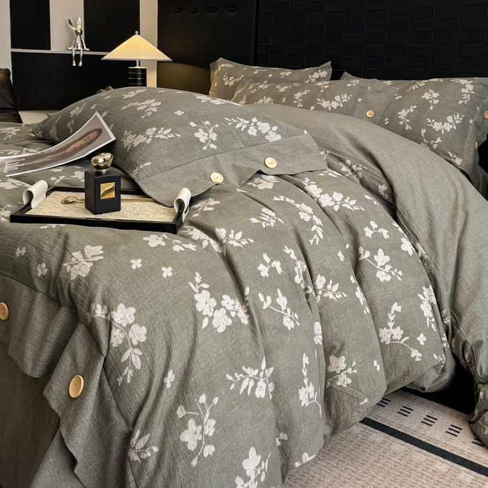 91家纺网 家纺一手货源 找家纺 圣比熊 2026春夏新款A类原麻纽扣四件套加厚被套床单宿舍双人床仿亚麻套件-最新款 曼妙花园