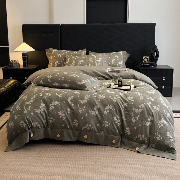 91家纺网 家纺一手货源 找家纺 圣比熊 2026春夏新款A类原麻纽扣四件套加厚被套床单宿舍双人床仿亚麻套件-最新款 曼妙花园