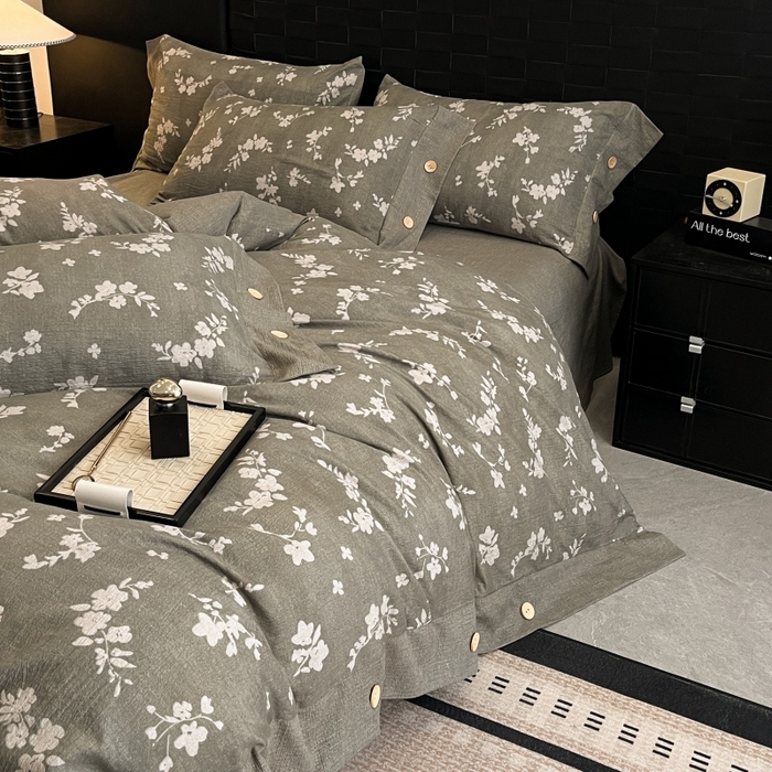 91家纺网 家纺一手货源 找家纺 圣比熊 2026春夏新款A类原麻纽扣四件套加厚被套床单宿舍双人床仿亚麻套件-最新款 曼妙花园