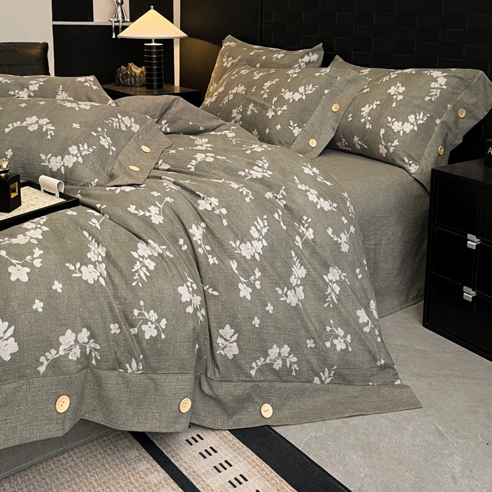 91家纺网 家纺一手货源 找家纺 圣比熊 2026春夏新款A类原麻纽扣四件套加厚被套床单宿舍双人床仿亚麻套件-最新款 曼妙花园