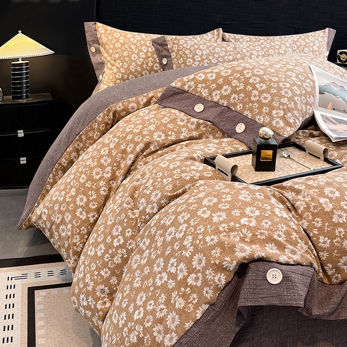 91家纺网 家纺一手货源 找家纺 圣比熊 2026春夏新款A类原麻纽扣四件套加厚被套床单宿舍双人床仿亚麻套件-最新款 梦之秋