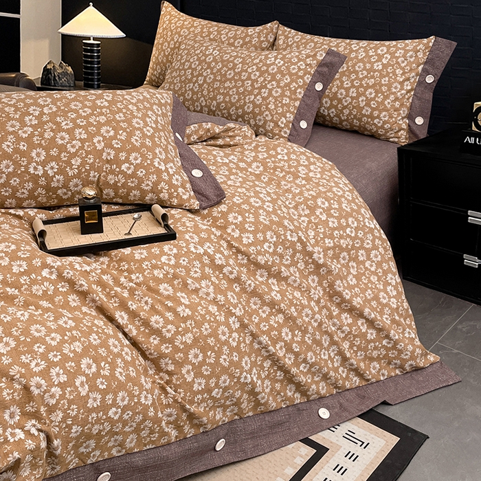 91家纺网 家纺一手货源 找家纺 圣比熊 2026春夏新款A类原麻纽扣四件套加厚被套床单宿舍双人床仿亚麻套件-最新款 梦之秋