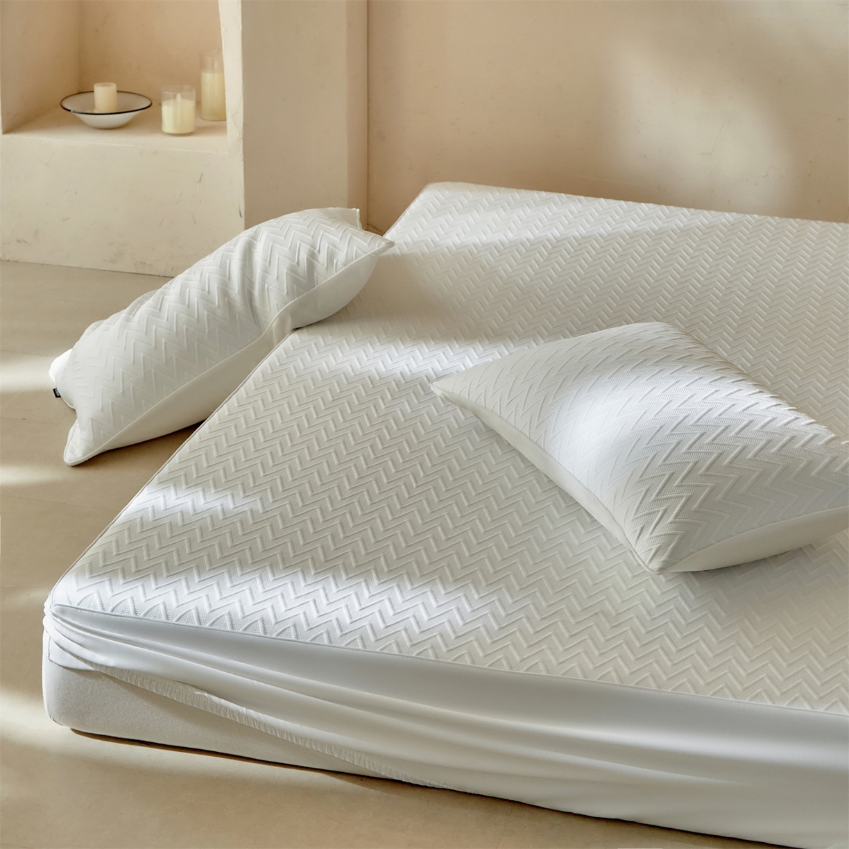 91家纺网 家纺一手货源 找家纺 傲蕾良品  2026新款出口韩国高分子冰丝软凉席【床笠&平铺款】 波浪白