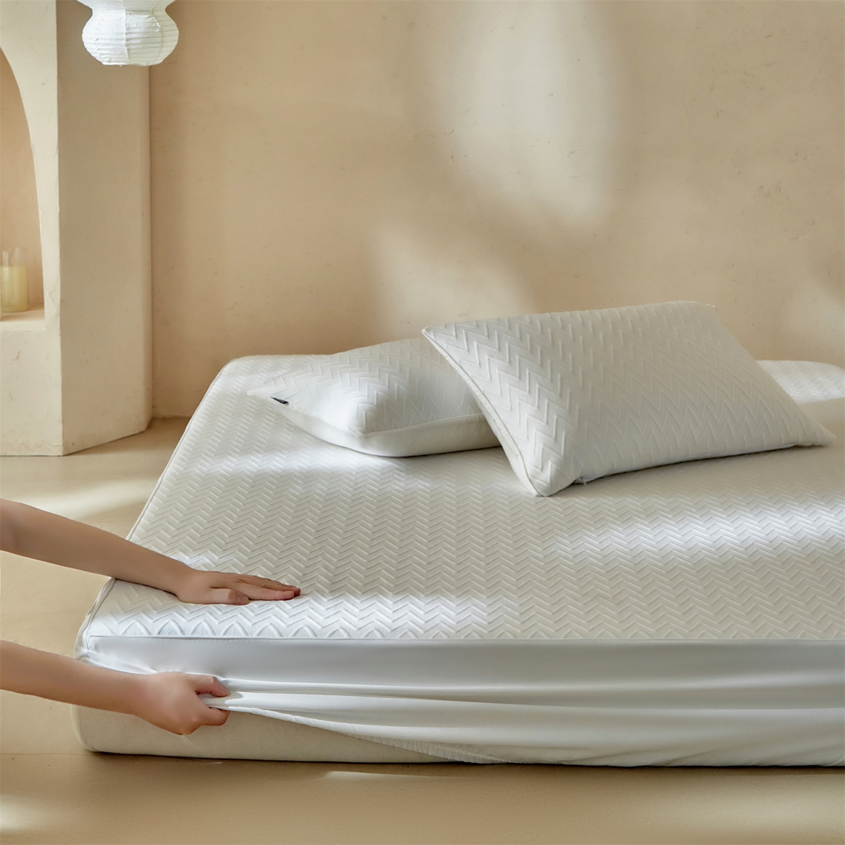 91家纺网 家纺一手货源 找家纺 傲蕾良品  2026新款出口韩国高分子冰丝软凉席【床笠&平铺款】 波浪白