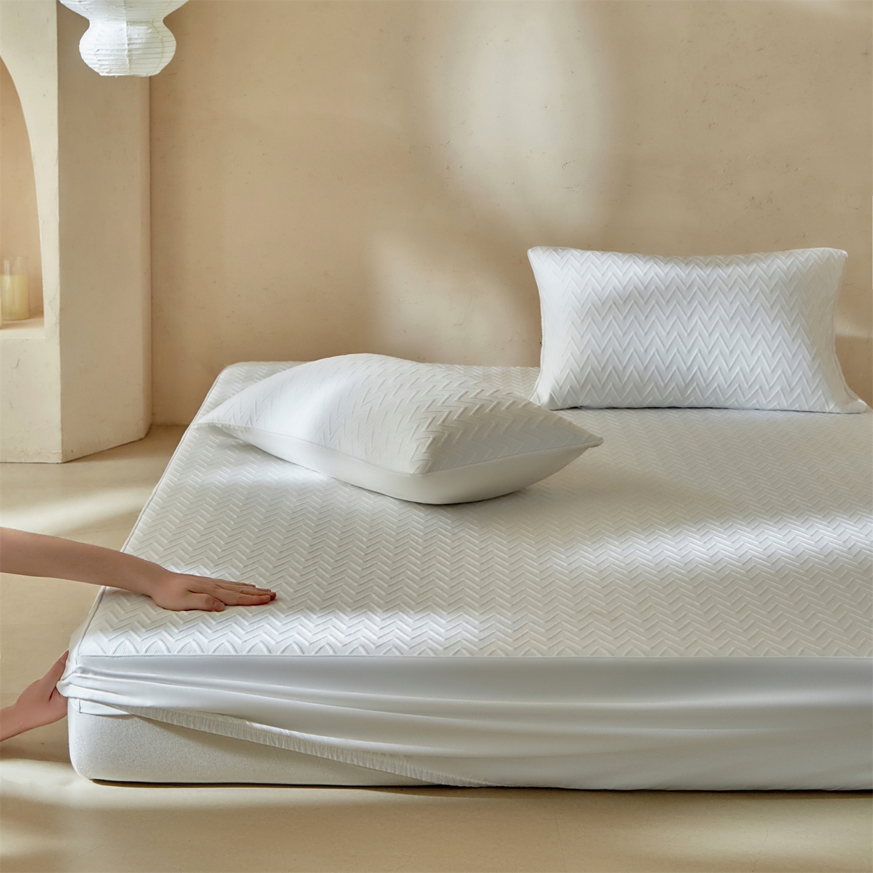 91家纺网 家纺一手货源 找家纺 傲蕾良品  2026新款出口韩国高分子冰丝软凉席【床笠&平铺款】 波浪白