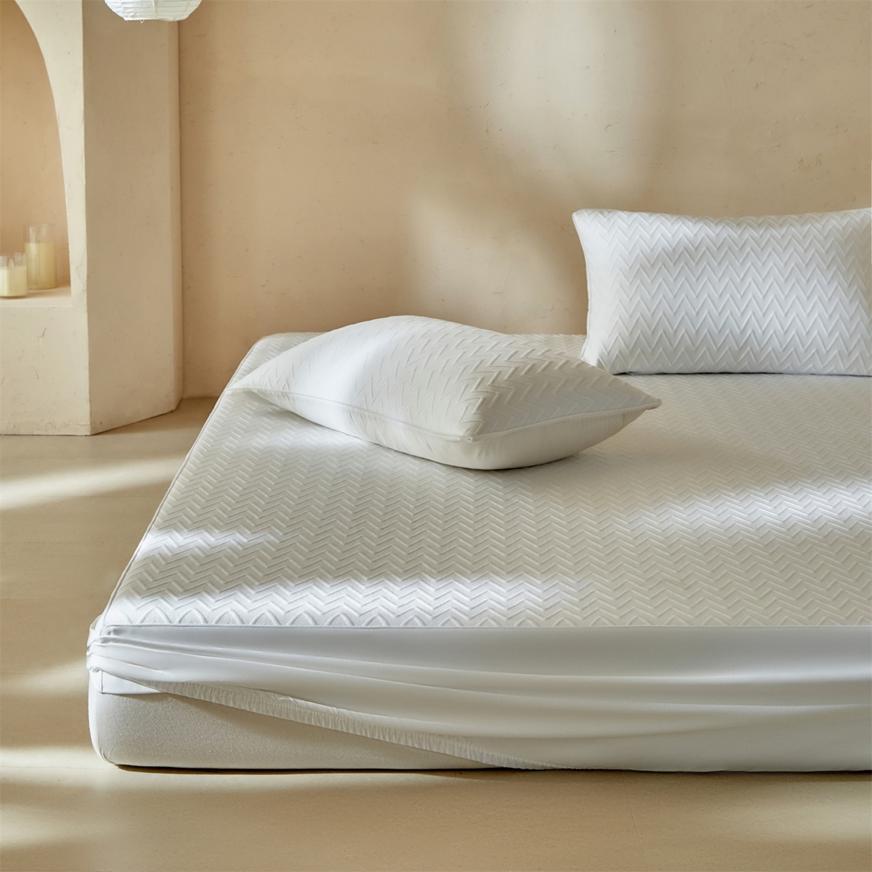 91家纺网 家纺一手货源 找家纺 傲蕾良品  2026新款出口韩国高分子冰丝软凉席【床笠&平铺款】 波浪白