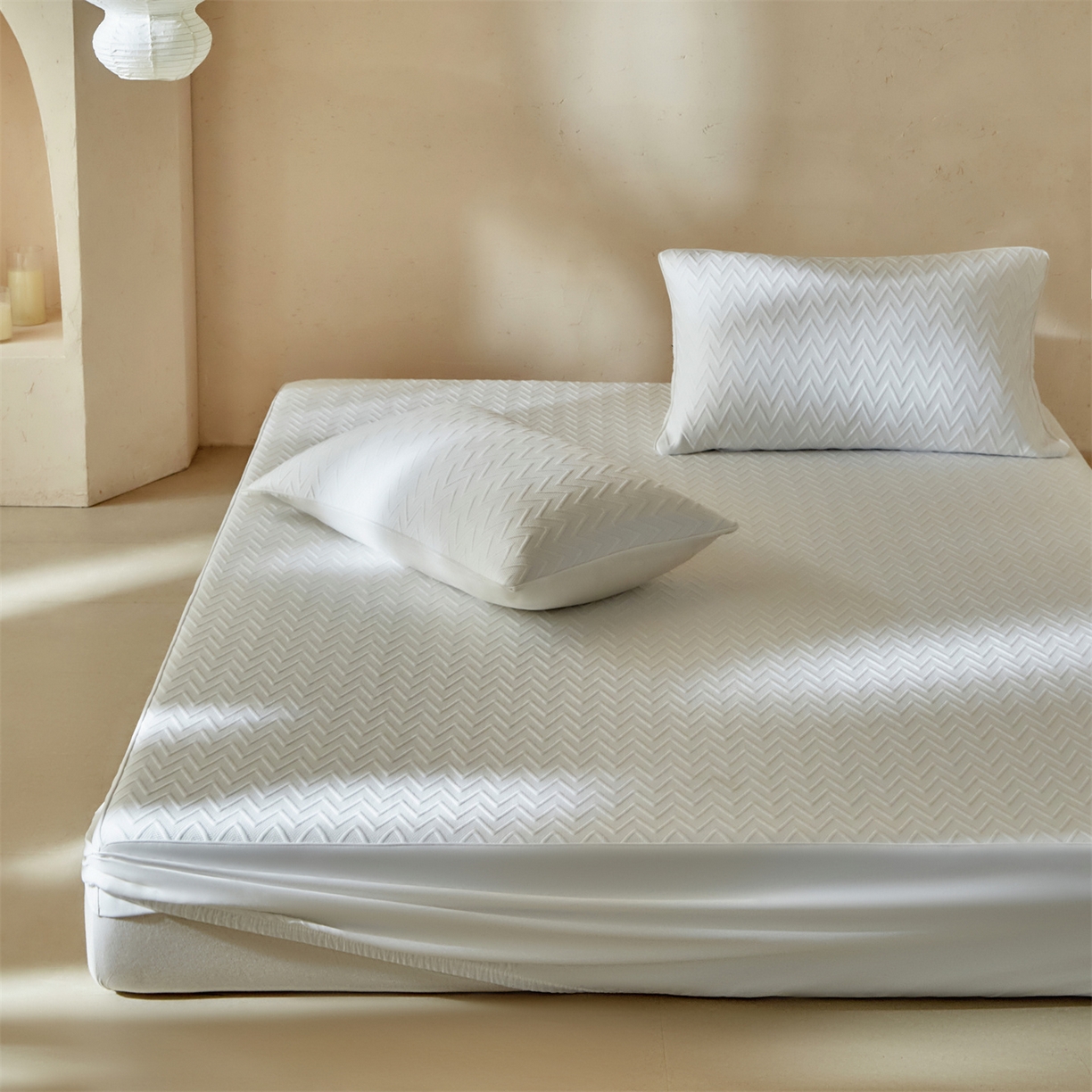 91家纺网 家纺一手货源 找家纺 傲蕾良品  2026新款出口韩国高分子冰丝软凉席【床笠&平铺款】 波浪白