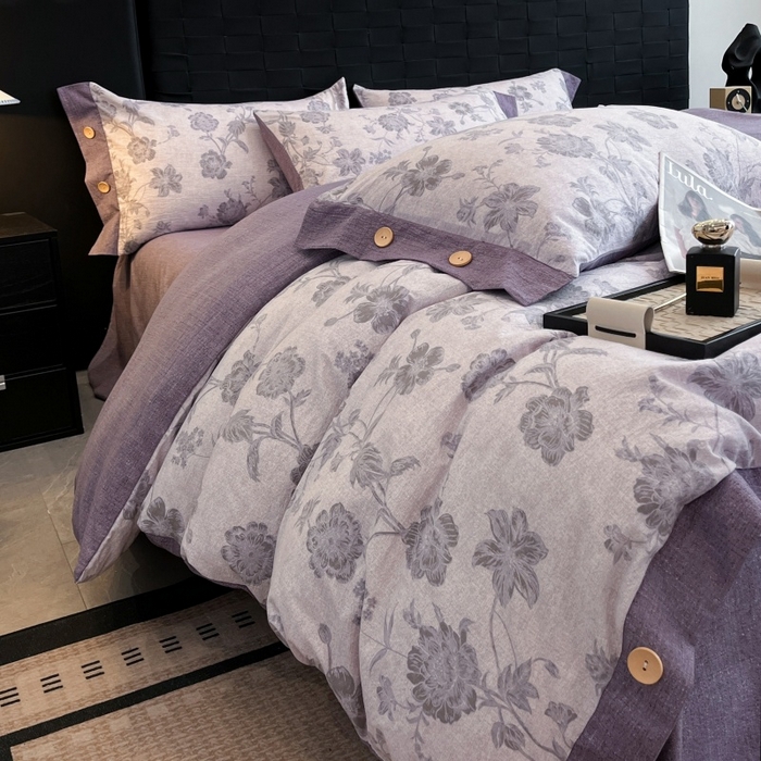 91家纺网 家纺一手货源 找家纺 圣比熊 2026春夏新款A类原麻纽扣四件套加厚被套床单宿舍双人床仿亚麻套件-最新款 南笙