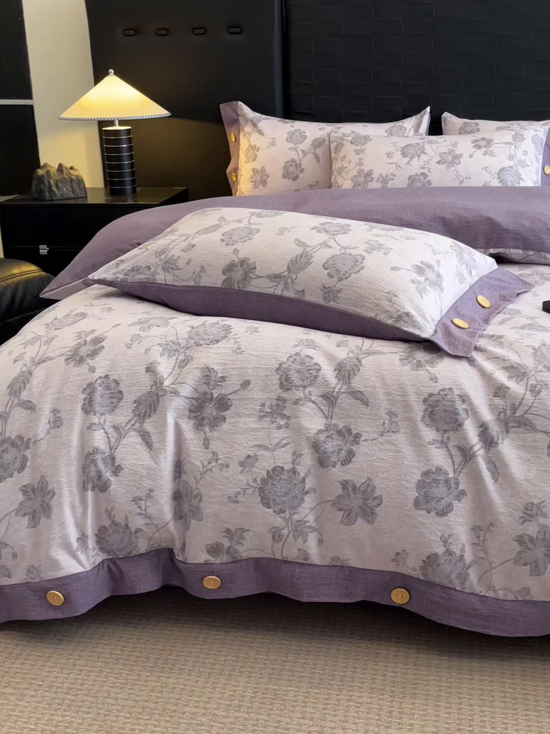 91家纺网 家纺一手货源 找家纺 圣比熊 2026春夏新款A类原麻纽扣四件套加厚被套床单宿舍双人床仿亚麻套件-最新款 南笙