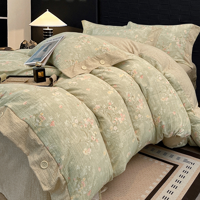 91家纺网 家纺一手货源 找家纺 圣比熊 2026春夏新款A类原麻纽扣四件套加厚被套床单宿舍双人床仿亚麻套件-最新款 清风花叙