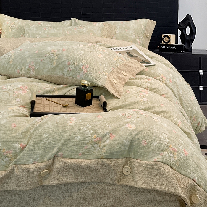 91家纺网 家纺一手货源 找家纺 圣比熊 2026春夏新款A类原麻纽扣四件套加厚被套床单宿舍双人床仿亚麻套件-最新款 清风花叙