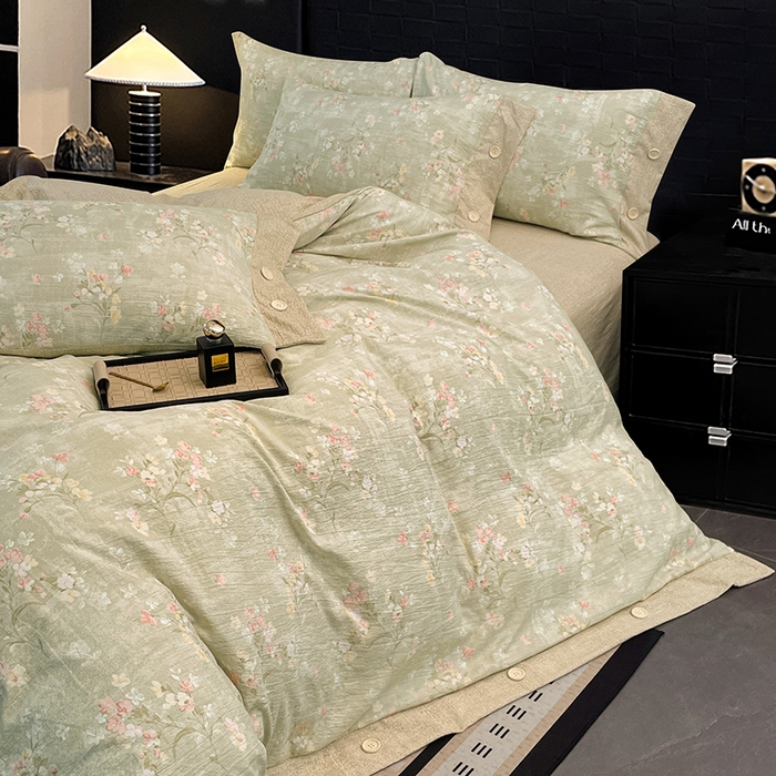 91家纺网 家纺一手货源 找家纺 圣比熊 2026春夏新款A类原麻纽扣四件套加厚被套床单宿舍双人床仿亚麻套件-最新款 清风花叙