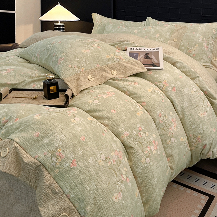 91家纺网 家纺一手货源 找家纺 圣比熊 2026春夏新款A类原麻纽扣四件套加厚被套床单宿舍双人床仿亚麻套件-最新款 清风花叙