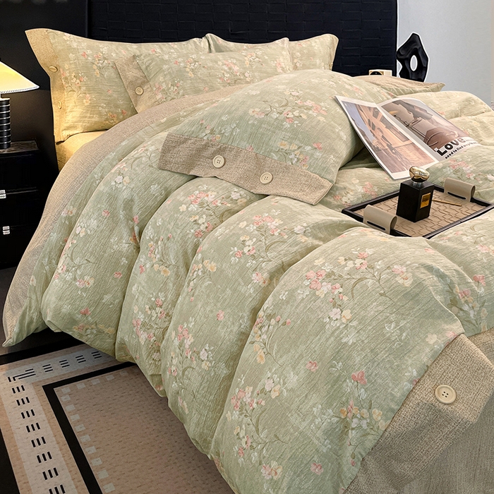 91家纺网 家纺一手货源 找家纺 圣比熊 2026春夏新款A类原麻纽扣四件套加厚被套床单宿舍双人床仿亚麻套件-最新款 清风花叙