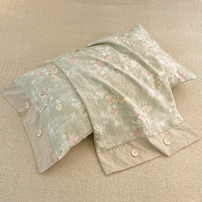 91家纺网 家纺一手货源 找家纺 圣比熊 2026春夏新款A类原麻纽扣四件套加厚被套床单宿舍双人床仿亚麻套件-最新款 清风花叙