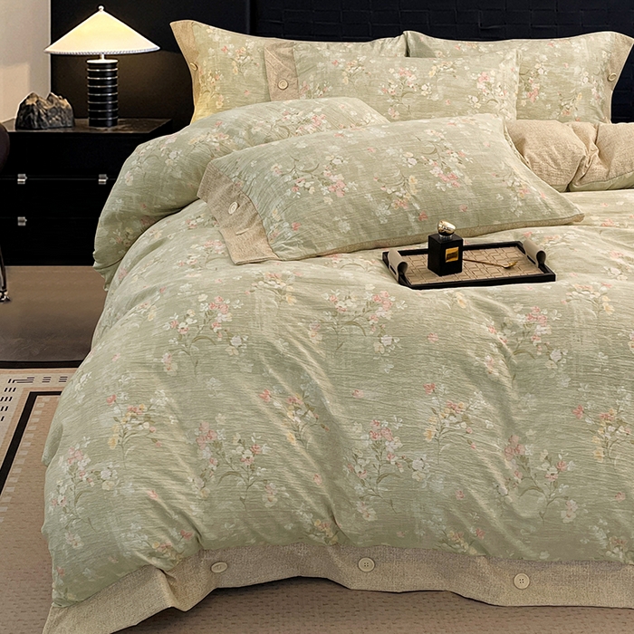 91家纺网 家纺一手货源 找家纺 圣比熊 2026春夏新款A类原麻纽扣四件套加厚被套床单宿舍双人床仿亚麻套件-最新款 清风花叙