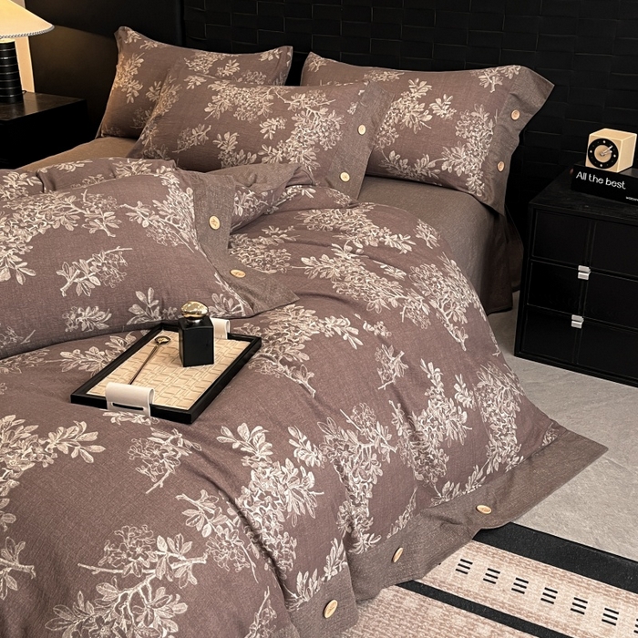 91家纺网 家纺一手货源 找家纺 圣比熊 2026春夏新款A类原麻纽扣四件套加厚被套床单宿舍双人床仿亚麻套件-最新款 秋意浓