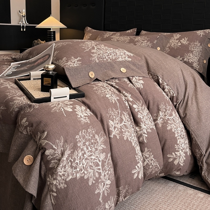 91家纺网 家纺一手货源 找家纺 圣比熊 2026春夏新款A类原麻纽扣四件套加厚被套床单宿舍双人床仿亚麻套件-最新款 秋意浓