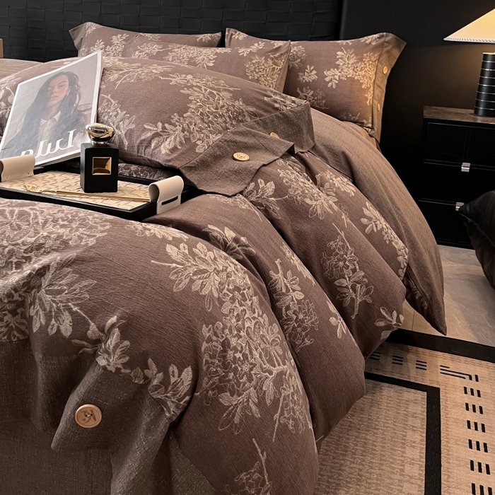 91家纺网 家纺一手货源 找家纺 圣比熊 2026春夏新款A类原麻纽扣四件套加厚被套床单宿舍双人床仿亚麻套件-最新款 秋意浓