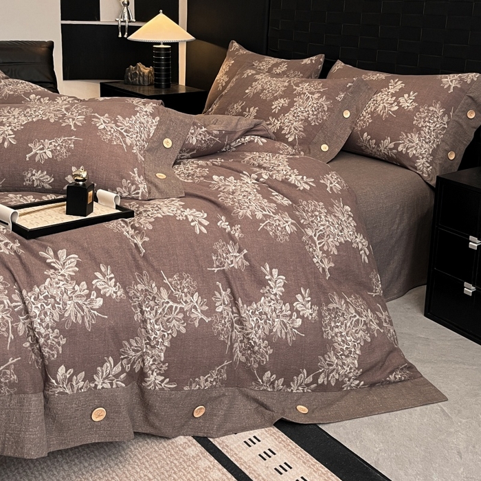 91家纺网 家纺一手货源 找家纺 圣比熊 2026春夏新款A类原麻纽扣四件套加厚被套床单宿舍双人床仿亚麻套件-最新款 秋意浓