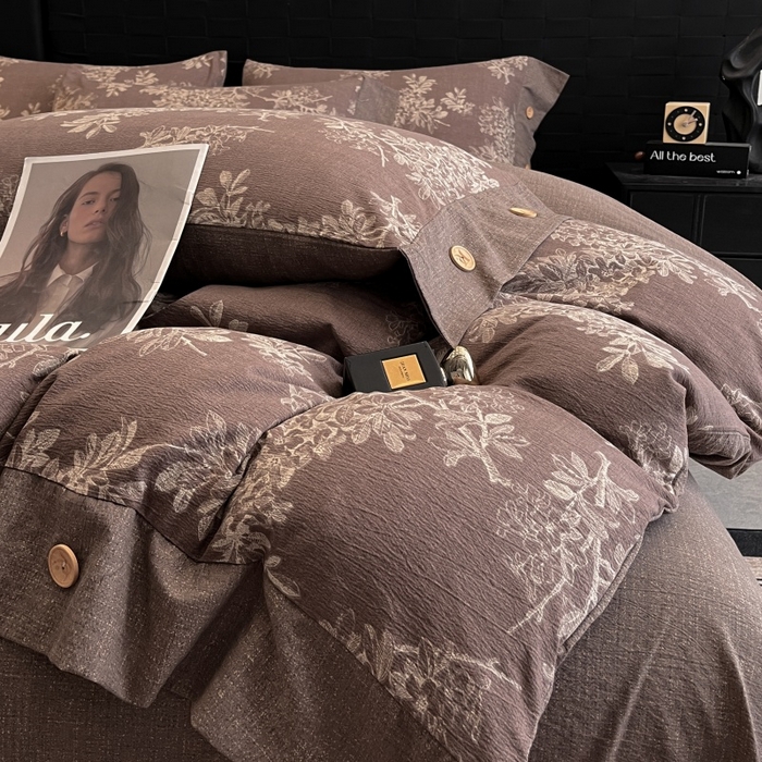 91家纺网 家纺一手货源 找家纺 圣比熊 2026春夏新款A类原麻纽扣四件套加厚被套床单宿舍双人床仿亚麻套件-最新款 秋意浓