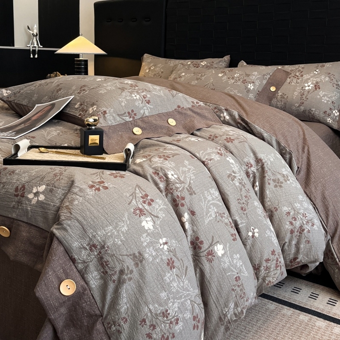 91家纺网 家纺一手货源 找家纺 圣比熊 2026春夏新款A类原麻纽扣四件套加厚被套床单宿舍双人床仿亚麻套件-最新款 山花浪漫