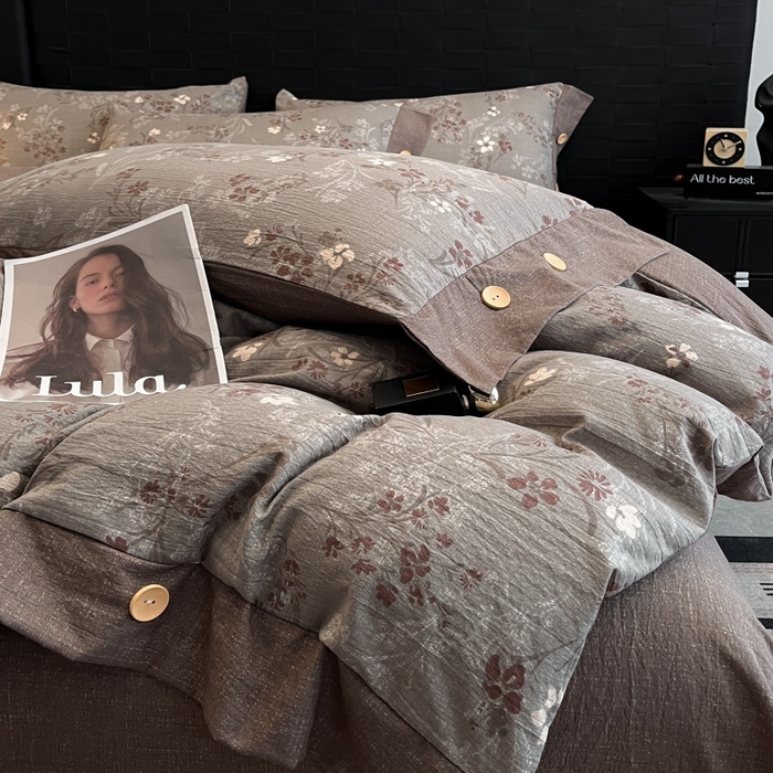 91家纺网 家纺一手货源 找家纺 圣比熊 2026春夏新款A类原麻纽扣四件套加厚被套床单宿舍双人床仿亚麻套件-最新款 山花浪漫